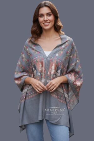 Bluish grey stole with intricate floral embroidery.