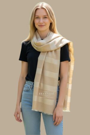 Wool blend Soft Pashmina shawl with a subtle striped pattern in soft cream and beige tones.