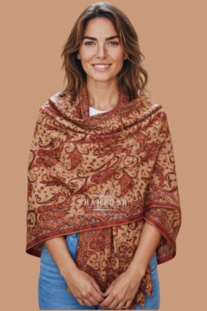 Kani Stole with intricate paisley designs in warm, earthy tones.