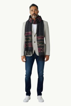Men Black Cashmere wool Blend muffler with ethnic patterns and fringed edges for a stylish, warm look.