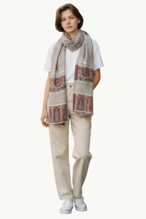 A Soft Kani Pashmina Stole with intricate floral patterns and subtle textures, adding warmth and style to any outfit.