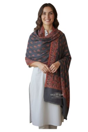 Kani Shawl with pashmina Wool Blend with intricate red and orange paisley Design.
