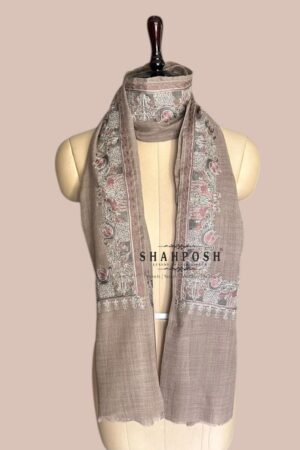 Wool Blend stole with Embroidered borders, featuring floral and animal motifs.