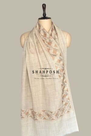 Soft beige wool blend Stole with a subtle pattern siroski work