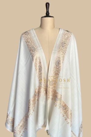 White Wool Blend stole with golden embroidered borders.
