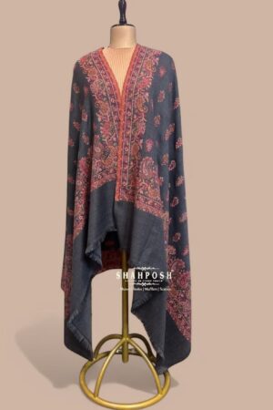 Kani Shawl with pashmina Wool Blend with intricate red and orange paisley Design.