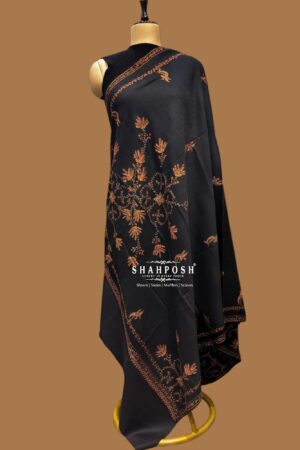 Elegant black Kantha Work shawl with intricate brown embroidery, perfect for any occasion.
