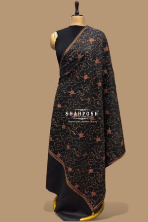 Elegant black Kantha Work shawl with delicate floral embroidery.