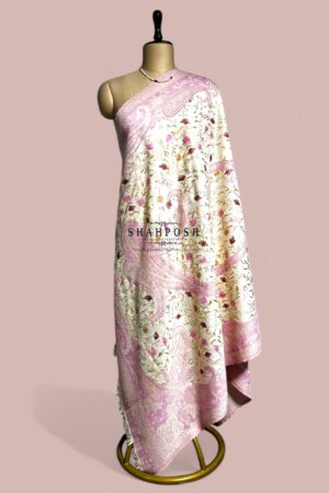 Woolen Blend Pashmina Jamawar shawl features a delicate floral pattern on a cream-colored base.