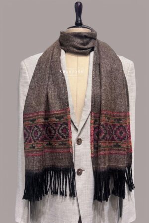 Men Cashmere Wool Blend brown muffler with intricate red, black, and green patterns.