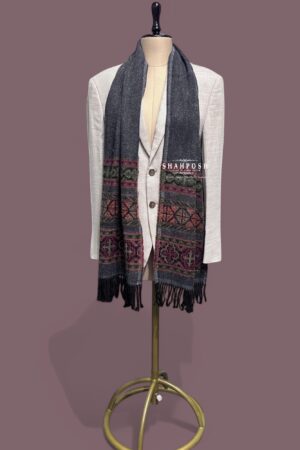 Men Dark gray Cashmere wool blend muffler with multicolored patterns and black fringes.
