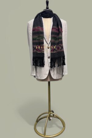 Men Black Cashmere wool Blend muffler with ethnic patterns and fringed edges for a stylish, warm look.