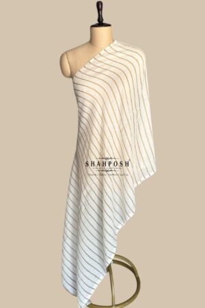 A stylish Shahposh Light Weight Viscose Bamboo Fibre white stole featuring delicate gold stripes.