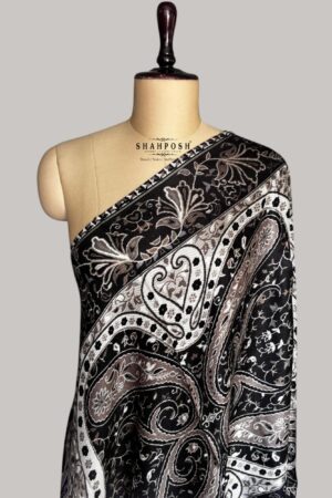 Viscose Bamboo Fibre black shawl with intricate white and brown paisley Printed.