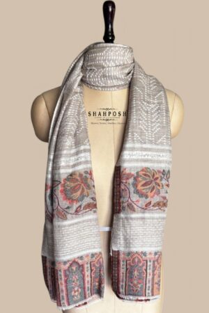 A Soft Kani Pashmina Stole with intricate floral patterns and subtle textures, adding warmth and style to any outfit.