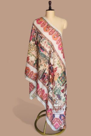 Fine Bamboo viscose Stole showcasing an intricate Mughal Printed design .