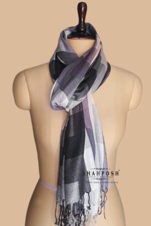 A stylish checkered Viscose Bamboo Fibre Stole in shades of black, white, and gray with subtle hints of pink.