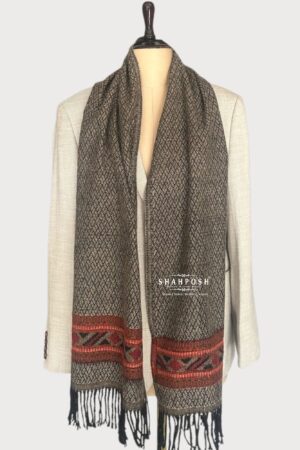 Men Gray Cashmere wool Blend muffler with a geometric pattern, red accents, and fringed edges.