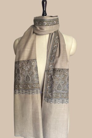 Beige Woolen shawl with intricate paisley embroidery.