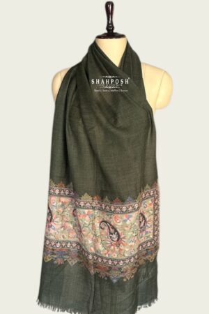 Dark green Soft Pashmina Stole with paisley embroidery, Elegant and timeless.