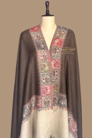 Brown shawl with intricate animal and floral designs.