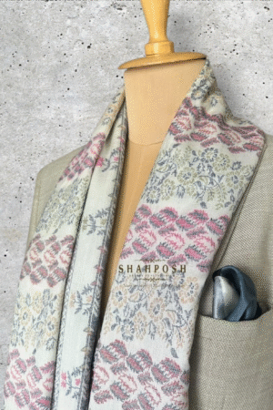A luxurious Unisex Kani Wool Blend Pashmina stole with intricate floral patterns in pink, gray, and cream, exuding elegance.