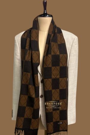 Brown and black checkered muffler are featuring a geometric diamond pattern within the checks.