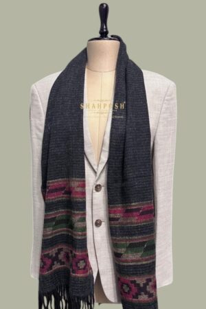 Men Black Cashmere wool Blend muffler with ethnic patterns and fringed edges for a stylish, warm look.