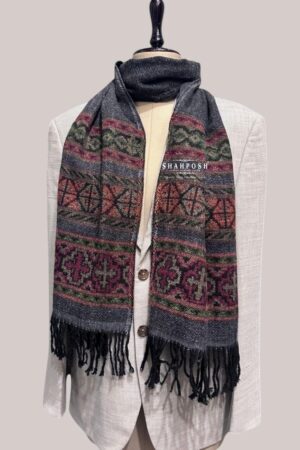 Men Dark gray Cashmere wool blend muffler with multicolored patterns and black fringes.