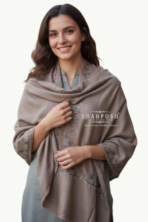 Wool Blend stole with Embroidered borders, featuring floral and animal motifs.