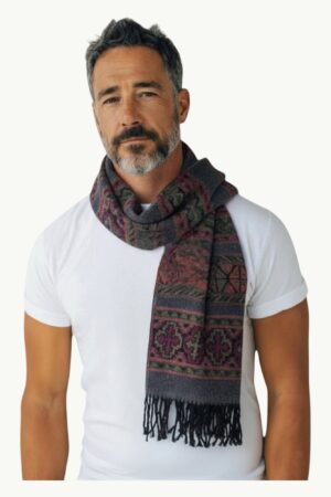 Men Dark gray Cashmere wool blend muffler with multicolored patterns and black fringes.