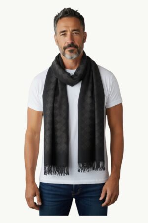 The Shahposh blackish muffler has a subtle diamond pattern,