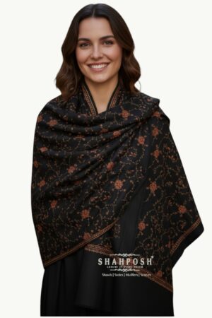 Elegant black Kantha Work shawl with delicate floral embroidery.