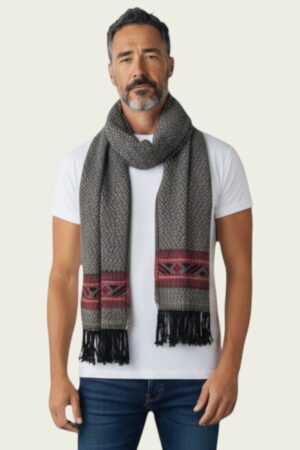 Men Gray Cashmere wool Blend muffler with a geometric pattern, red accents, and fringed edges.