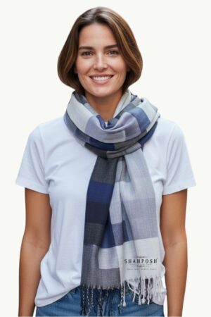 A stylish checkered Viscose Bamboo Fibre Stole in shades of blue, black, and white.