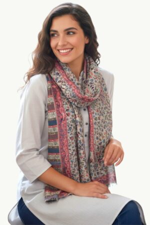 Soft Touch stole With beautiful floral design on a light-colored fabric.