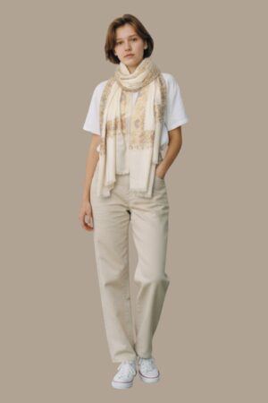 White Wool Blend stole with golden embroidered borders Women shawl.