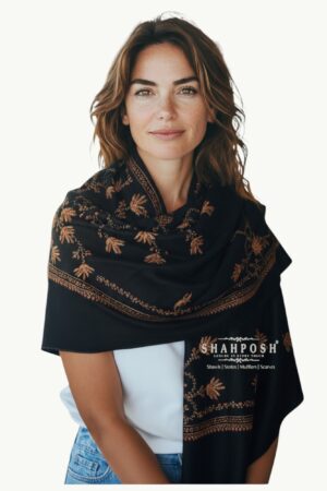 Elegant black Kantha Work shawl with intricate brown embroidery, perfect for any occasion.