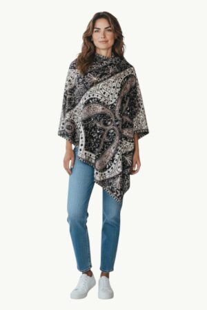 Viscose Bamboo Fibre black Women shawl with intricate white and brown paisley Printed.