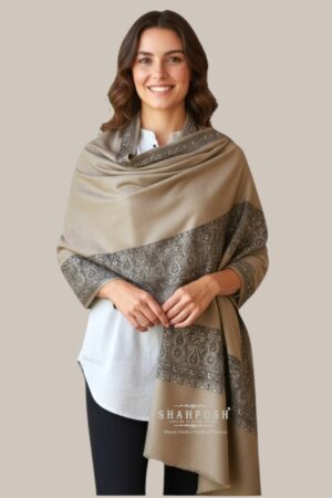 Beige Woolen shawl with intricate paisley embroidery.