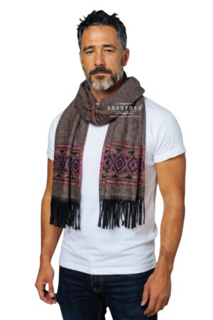 Men Cashmere Wool Blend brown muffler with intricate red, black, and green patterns.