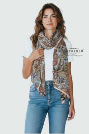 Paisley-patterned Soft Bamboo Stole in soft blue, brown, and beige colour.