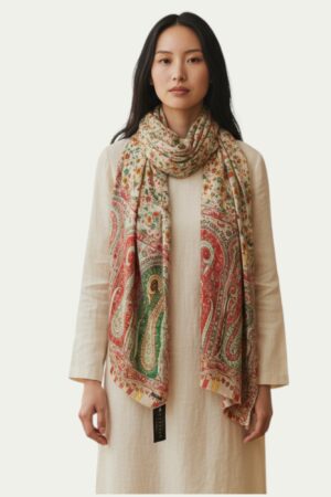 This beautiful Stole features delicate printed Designed in red, green, and gold on a cream base.