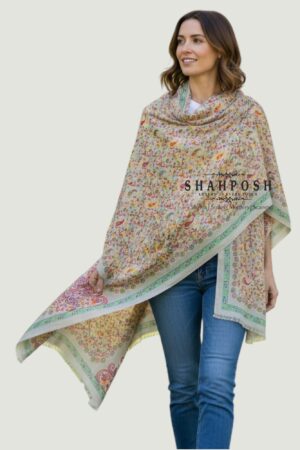 A Stole with multicolor paisley Printed and a green-bordered edge, exuding elegance.