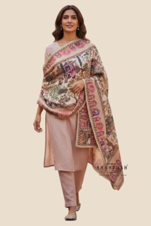 Fine Bamboo viscose Stole showcasing an intricate Mughal Printed design .