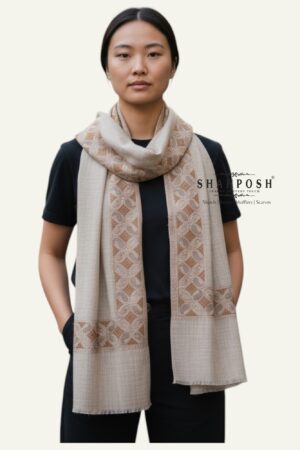 Soft beige wool blend Stole with a subtle pattern siroski work