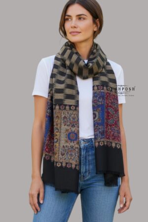 A Shahposh Wool Blend Pashmina Black and beige checkered shawl.