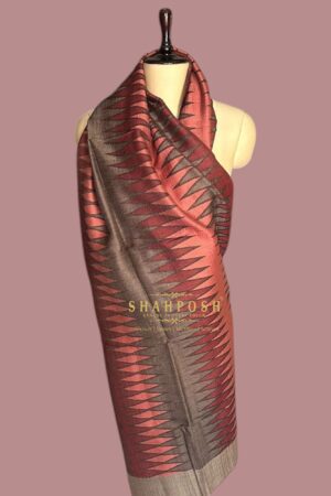 A light Weight Pashmina Woolen Shahposh Stole with geometric pattern with sharp, angular shapes in deep charcoal and blushing Rose Maroon hues.