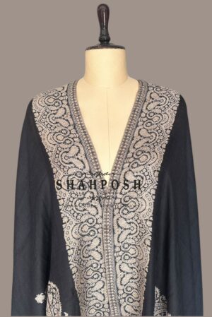 A Shahposh Sophisticated Woolen Stole with Ornate Embroidery Along the Edges and Front.