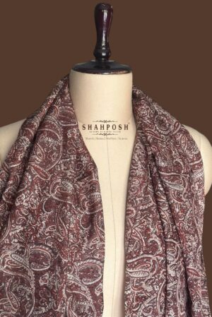 A Shahposh cascade of richly patterned silk scarf in cocoa and cream drapes with sophisticated ease, whispering  luxury.